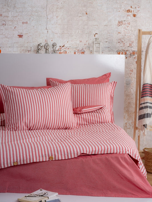 Dovira Kırmızı Çizgili Çift Kişilik Pamuklu Nevresim Takımı (Çarşafsız)