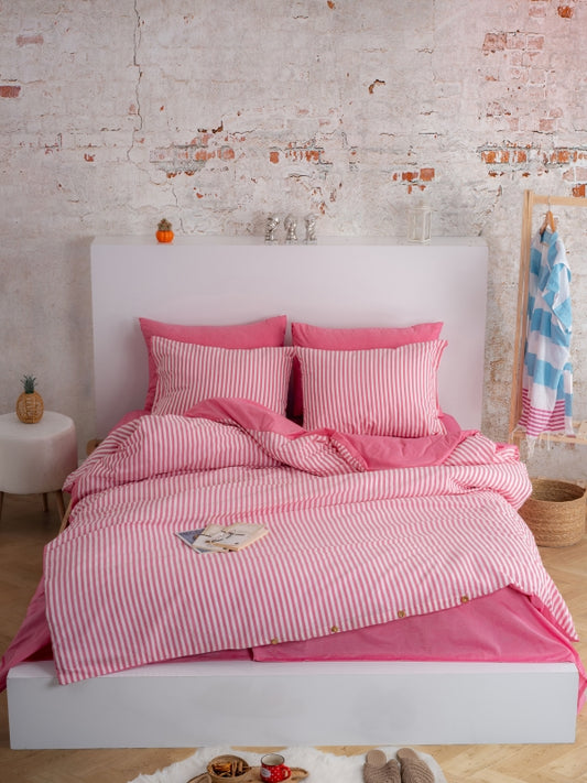 Dovira Fuşya Pembe Çizgili Çift Kişilik Pamuklu Nevresim Takımı (Çarşafsız) 200 x 220cm