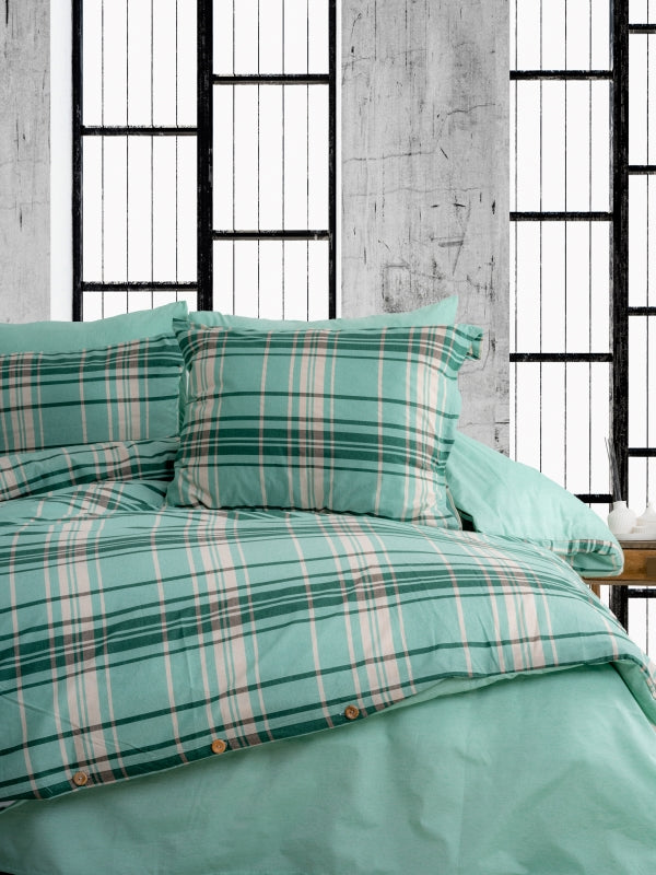 Ranforce Lastikli Çarşaflı Çift Kişilik Nevresim Takımı Yeşil Ekoseli