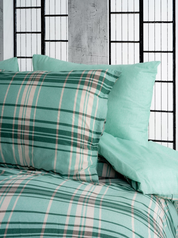 Ranforce Lastikli Çarşaflı Tek Kişilik Nevresim Takımı Yeşil Ekoseli