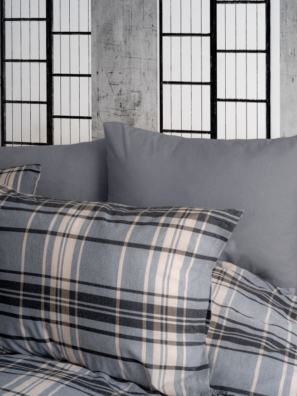 Ranforce Lastikli Çarşaflı Çift Kişilik Nevresim Takımı Antrasit Ekoseli