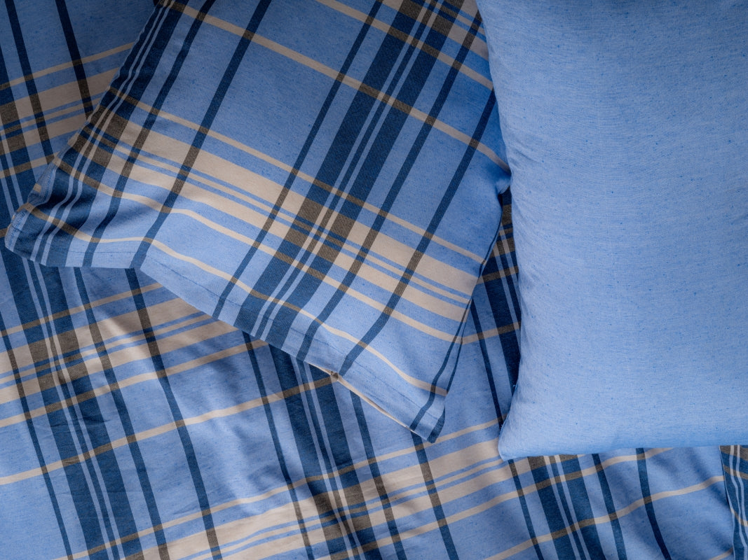 Ranforce Lastikli Çarşaflı Çift Kişilik Nevresim Takımı Mavi Ekoseli