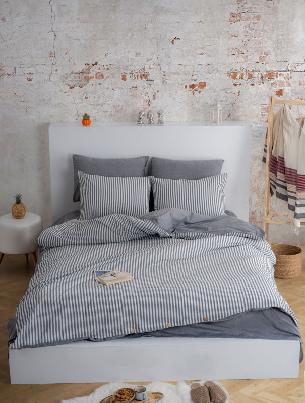 Dovira Antrasit Çizgili Çift Kişilik Pamuklu Nevresim Takımı (Çarşafsız)