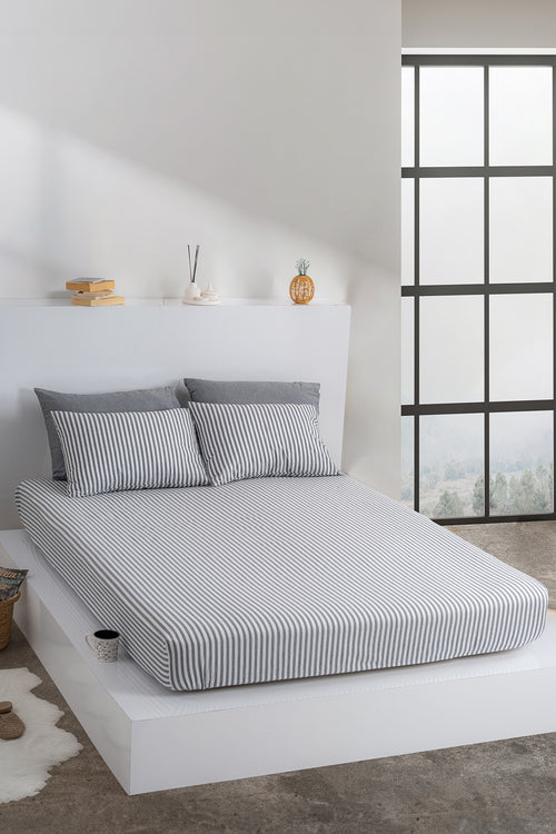 Dovira Çizgili Pamuklu Lastikli Çarşaf Takımı 160x200