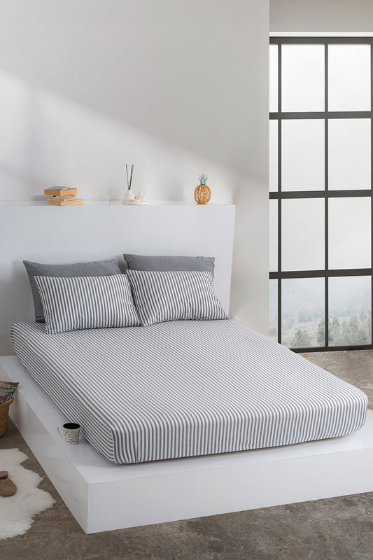 Dovira Çizgili Pamuklu Lastikli Çarşaf Takımı 160x200