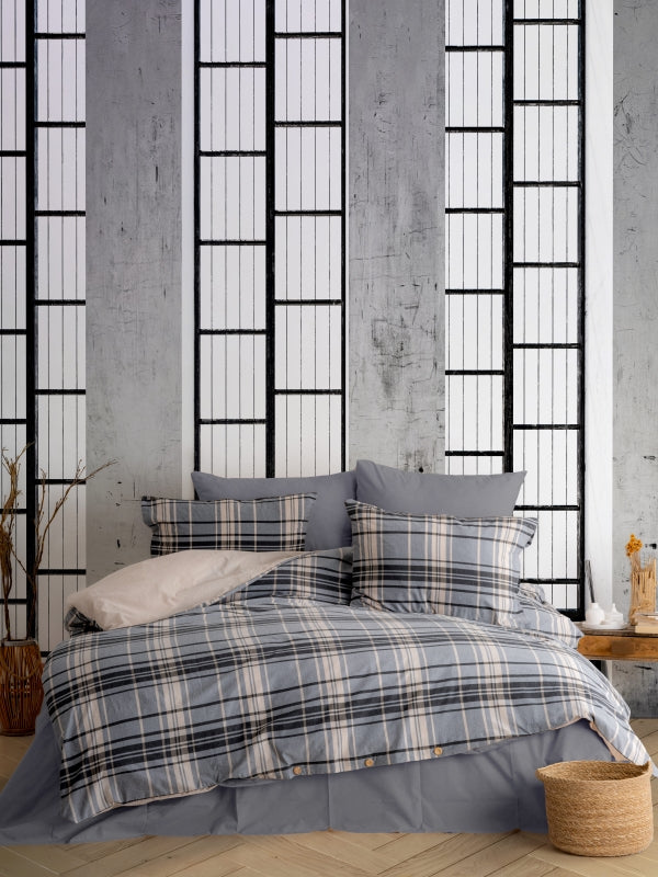 Ranforce Lastikli Çarşaflı Tek Kişilik Nevresim Takımı Antrasit Ekoseli