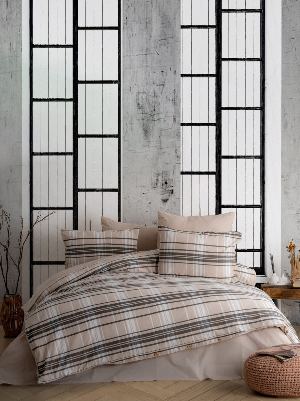 Ranforce Lastikli Çarşaflı Çift Kişilik Nevresim Takımı Cappuccino Ekoseli