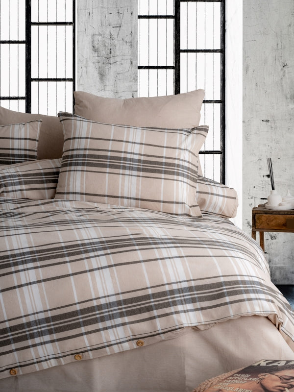 Ranforce Lastikli Çarşaflı Çift Kişilik Nevresim Takımı Cappuccino Ekoseli