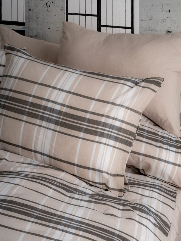 Ranforce Lastikli Çarşaflı Tek Kişilik Nevresim Takımı Cappuccino Ekoseli