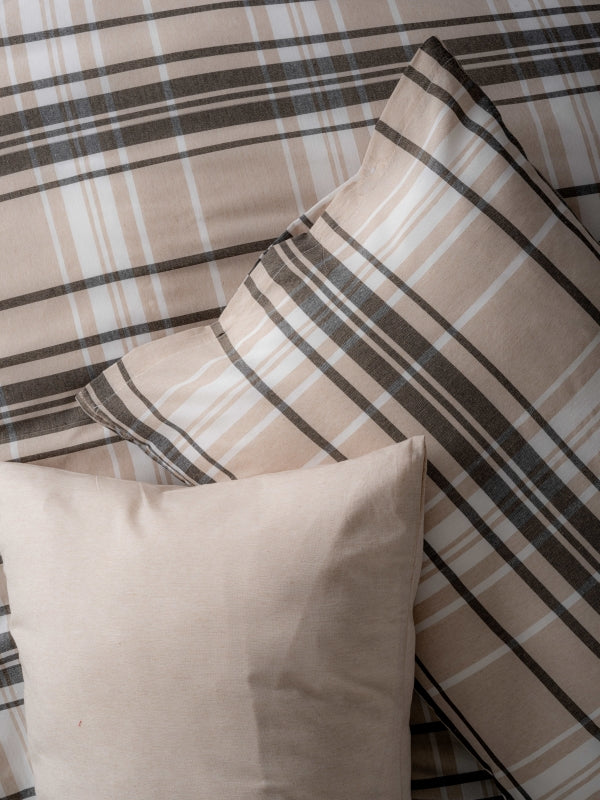 Ranforce Lastikli Çarşaflı Çift Kişilik Nevresim Takımı Cappuccino Ekoseli