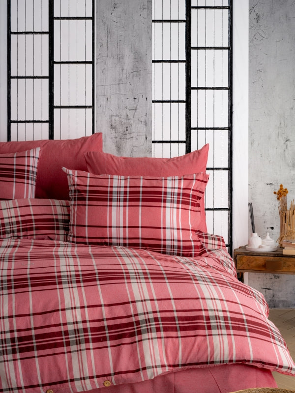 Ranforce Lastikli Çarşaflı Tek Kişilik Nevresim Takımı Kırmızı Ekoseli