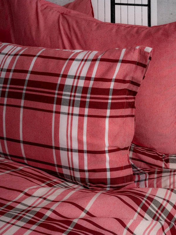 Ranforce Lastikli Çarşaflı Çift Kişilik Nevresim Takımı Kırmızı Ekoseli