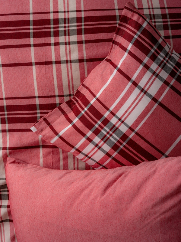 Ranforce Lastikli Çarşaflı Tek Kişilik Nevresim Takımı Kırmızı Ekoseli