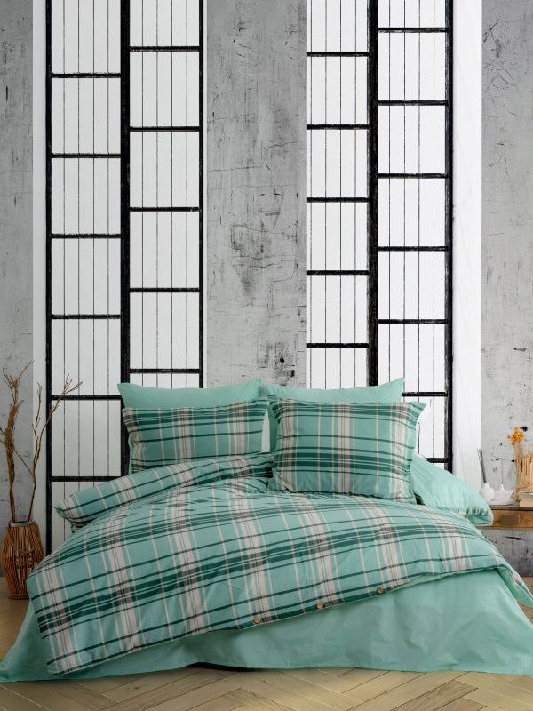 Ranforce Lastikli Çarşaflı Tek Kişilik Nevresim Takımı Yeşil Ekoseli