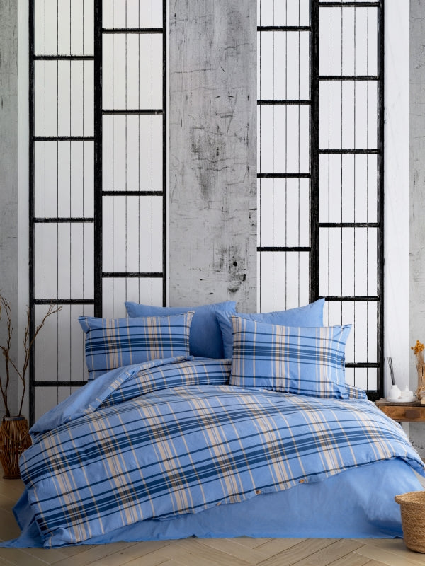 Ranforce Lastikli Çarşaflı Çift Kişilik Nevresim Takımı Mavi Ekoseli