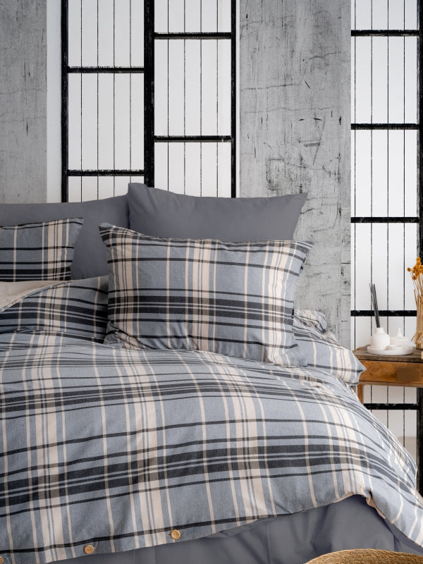 Ranforce Lastikli Çarşaflı Çift Kişilik Nevresim Takımı Antrasit Ekoseli