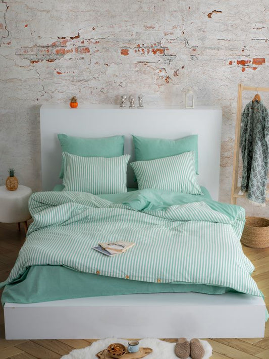 Dovira Yeşil Çizgili Çift Kişilik Pamuklu Nevresim Takımı (Çarşafsız) 200 x 220 cm