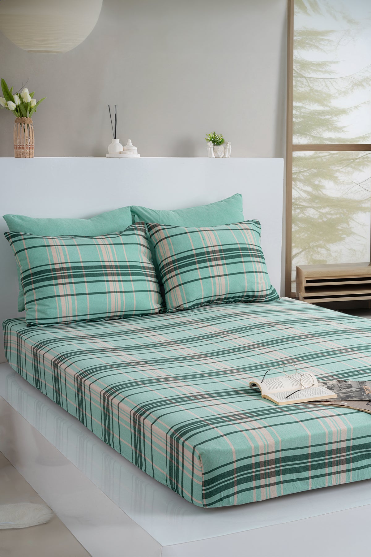 Dovira Ekoseli Pamuklu Lastikli Çarşaf Takımı 160x200