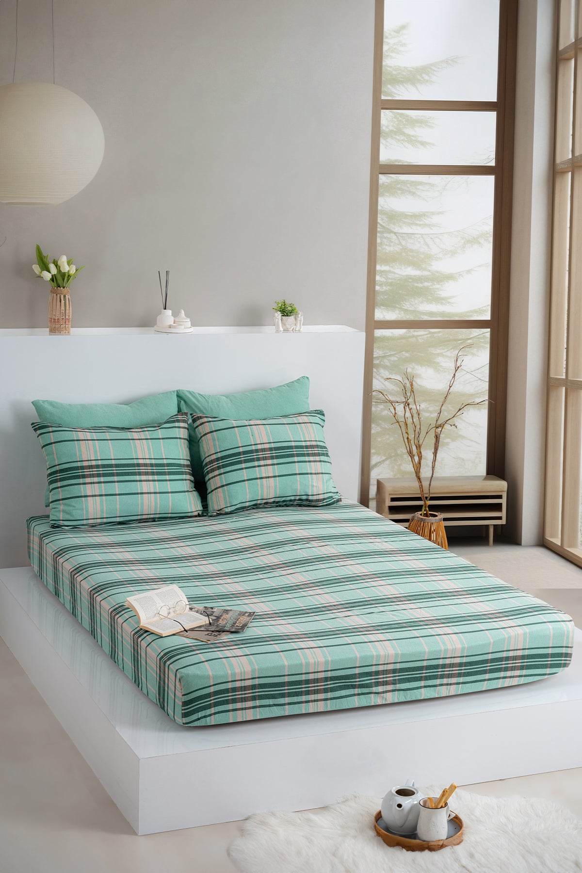 Dovira Ekoseli Pamuklu Lastikli Çarşaf Takımı 100x200